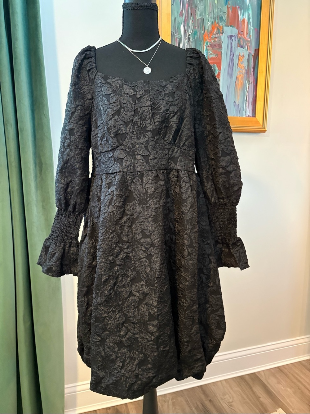 SHEIN Black Textured Puff-Sleeve A-Line Dress